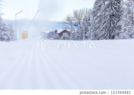 Ski resort Bansko, Bulgaria, gondola ski lift cabins 121564881