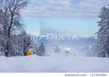 Ski resort Bansko, Bulgaria, ratracks, lift cabins 121564886