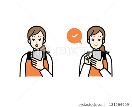 一位家庭主婦操作智慧型手機並點擊 121564909