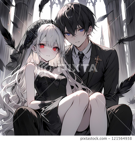 黑色婚禮一個白化女孩和一個藍眼睛年輕人之間的愛情故事。卡通風格AI插畫 121564938