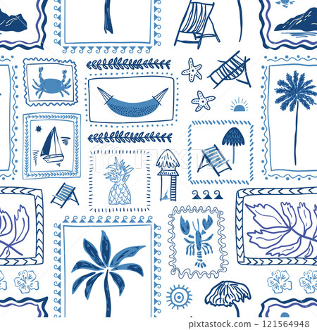 Blue summer tropical beach seamless pattern. Vector hand drawn palm tree, cute vacation story design Blue summer tropical beach seamless pattern. Vector hand drawn palm tree, cute vacation story design 121564948