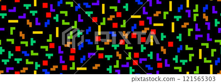 Bright colorful tetromino shape pixel leisure game seamless bg 121565303