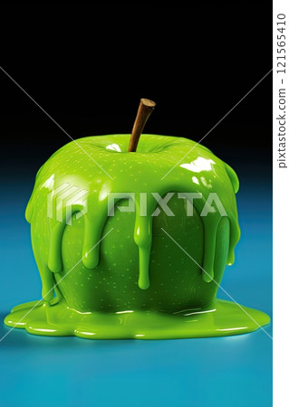 Apple covered in green paint. Generative Ai 121565410