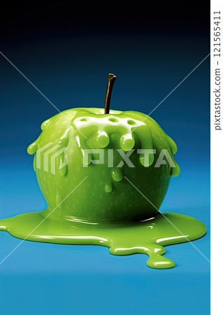 Apple covered in green paint. Generative Ai 121565411