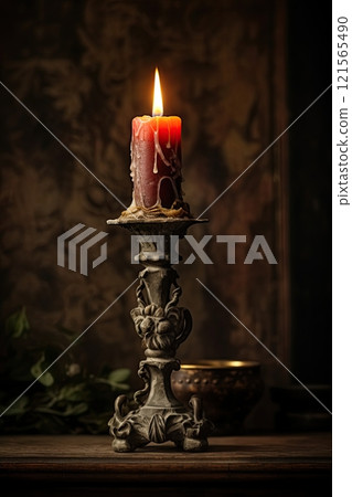 Candle burning in vintage decorative candleholder. Generative Ai 121565490