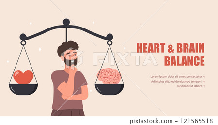Balance between Heart and Brain. Wellness concept. Man looking at scales with love in one side and practical in opposite. Vector illustration in flat cartoon style Balance between Heart and Brain. Wellness concept. Man looking at scales with love in one side and practical in opposite. Vector illustration in flat cartoon style 121565518