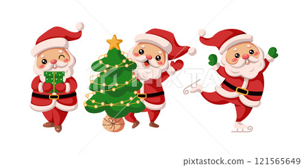 Happy Santa Clauses radiating holiday mood flat vector icons 121565649