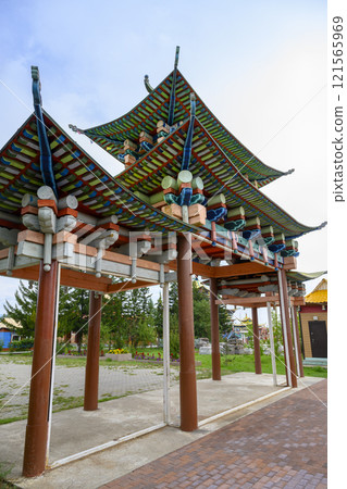 A canopy in the style of Buddhist architecture in Ivolginsky Datsan (monastery) in Buryatia, Russia A canopy in the style of Buddhist architecture in Ivolginsky Datsan (monastery) in Buryatia, Russia 121565969