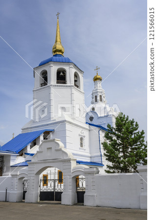Bell tower of the medieval St. Odigitrievsky Cathedral in Ulan-Ude, Buryatia, Russia 121566015