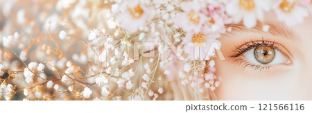 Close-up of elegant flowers and delicate woman's eyes 121566116