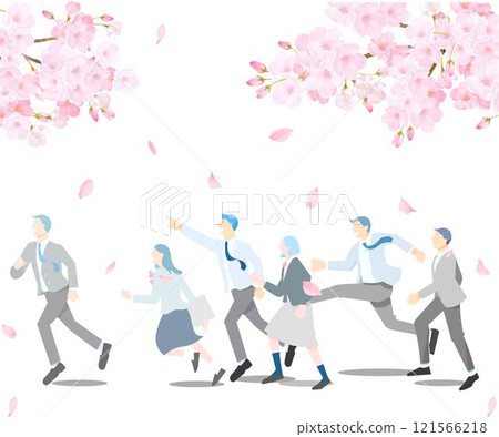 與櫻花奔跑的學生男女-簡介-全身-畢業入學-飄落的櫻花和人的背景簡單向量圖素材 121566218