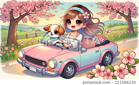 一名女子開車行駛在春天櫻花盛開的道路上 121566230