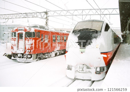 Kiha 40 series and E751 series Tsugaru express trains lined up in Hirosaki Kiha 40 series and E751 series Tsugaru express trains lined up in Hirosaki 121566259