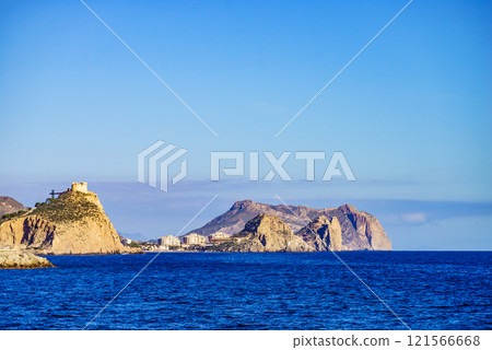 Coastline with castle on cliff, Aguilas, Spain 121566668