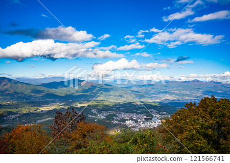 Mt. Haruna in autumn. Ikaho Onsen and distant mountains seen from Takane Observatory. Mt. Haruna in autumn. Ikaho Onsen and distant mountains seen from Takane Observatory. 121566741