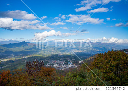 Mt. Haruna in autumn. Ikaho Onsen and distant mountains seen from Takane Observatory. Mt. Haruna in autumn. Ikaho Onsen and distant mountains seen from Takane Observatory. 121566742