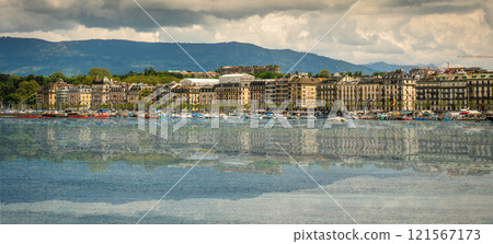 panoramic view of the modern embankment and the center of Geneva, Switzerland 121567173