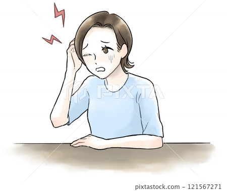 A woman with short hair and light blue clothes suffering from a headache A woman with short hair and light blue clothes suffering from a headache 121567271