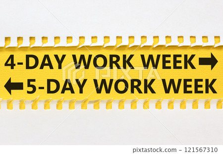 5 or 4 day week symbol. Concept word 5-day work week or 4-day work week on beautiful yellow paper. Beautiful white paper background. Business and 5 or 4 day week concept. Copy space. 121567310