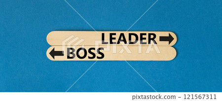 Leader or boss symbol. Concept word Leader or Boss on beautiful wooden stick. Beautiful blue table blue background. Business and leader or boss concept. Copy space. 121567311