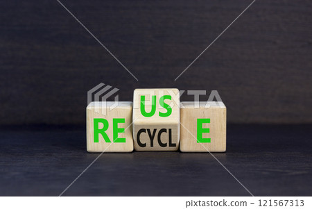 Reuse or recycle symbol. Concept words Reuse Recycle on wooden block. Beautiful black table black background. Business reuse or recycle concept. Copy space. 121567313