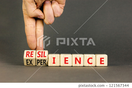 Resilience or experience symbol. Concept words Resilience Experience on beautiful wooden blocks. Beautiful grey background. Businessman hand. Business resilience or experience concept. Copy space Resilience or experience symbol. Concept words Resilience Experience on beautiful wooden blocks. Beautiful grey background. Businessman hand. Business resilience or experience concept. Copy space 121567344