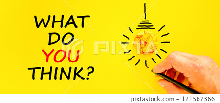 What do you think symbol. Concept words What do you think on beautiful yellow paper. Beautiful yellow background. Businessman hand with pen. Business and What do you think concept. Copy space. What do you think symbol. Concept words What do you think on beautiful yellow paper. Beautiful yellow background. Businessman hand with pen. Business and What do you think concept. Copy space. 121567366