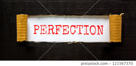Perfection symbol. Concept word Perfection on beautiful white paper. Beautiful black paper background. Business perfection concept. Copy space. 121567370