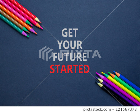 Get your future started symbol. Concept words Get your future started on beautiful black paper. Beautiful black background. Colored pencils. Business get your future started concept. Copy space. Get your future started symbol. Concept words Get your future started on beautiful black paper. Beautiful black background. Colored pencils. Business get your future started concept. Copy space. 121567378