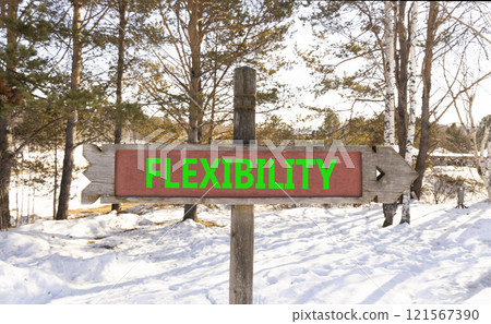 Flexibility symbol. Concept word Flexibility on beautiful wooden road sign. Beautiful winter forest background. Business flexibility concept. Copy space. Flexibility symbol. Concept word Flexibility on beautiful wooden road sign. Beautiful winter forest background. Business flexibility concept. Copy space. 121567390