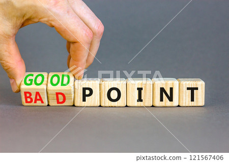 Good or bad point symbol. Concept words Good point Bad point on beautiful wooden blocks. Beautiful grey table grey background. Businessman hand. Business good bad point concept. Copy space 121567406