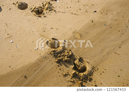 horse tracks in the sand. microplastics in the sand at sea 121567433