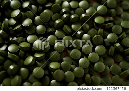 Superfood chlorella in tablet form. Superfood chlorella in tablet form. 121567456