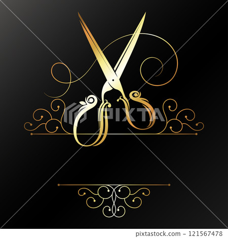 Hairdresser scissors with lock of hair and curl pattern. Golden symbol signboard frame of beauty salon 121567478