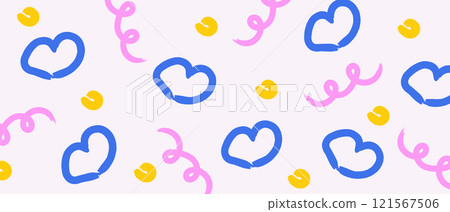 Colorful horizontal background with hearts and swirls. Hand drawn trendy abstract layout. Happy Valentine's Day banner template. Colorful horizontal background with hearts and swirls. Hand drawn trendy abstract layout. Happy Valentine's Day banner template. 121567506