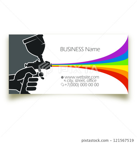 Spray gun in hand and waves of colored paint. Business card for painter concept Spray gun in hand and waves of colored paint. Business card for painter concept 121567519