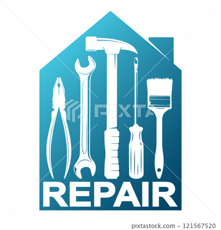 Symbol for repair and construction with a set of construction tools 121567520