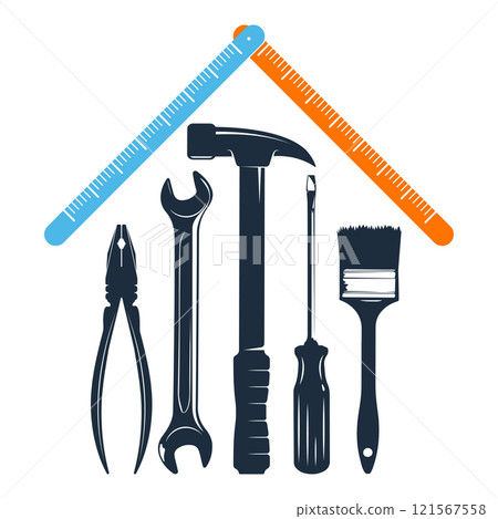 Construction repair tool under roof symbol 121567558