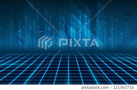Blue retro futuristic neon cyber grid with abstract geometric tech background 121567718