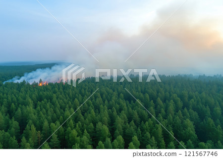 Aerial view of wildfire in the large forest Aerial view of wildfire in the large forest 121567746