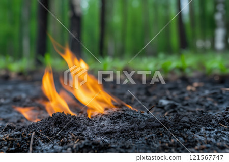 Forest fire, burning vegetation on the ground in the foreground. 121567747