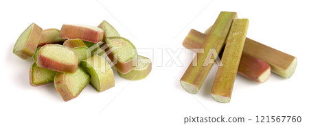 Chopped rhubarb stem isolated on white background cutout 121567760