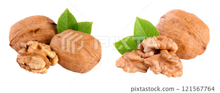 Walnuts with leaf isolated on white background 121567764