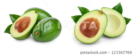 avocado and half with leaves isolated on white background close-up 121567769
