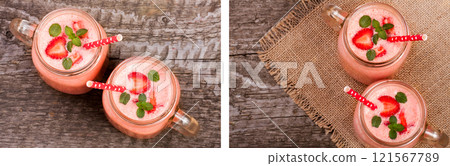 Glass of strawberry yogurt or smoothie with mint leaves on old wooden background. Top view Glass of strawberry yogurt or smoothie with mint leaves on old wooden background. Top view 121567789