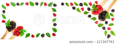 Raspberry blackberry frame isolated on white background with copy space for your text. Top view 121567791
