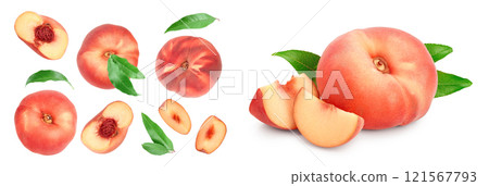 Ripe chinese flat peach fruit and half with leaf isolated on white background. Top view. Flat lay 121567793