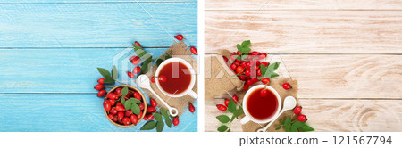 tea with rose hips on blue wooden background with copy space for your text. Top view 121567794