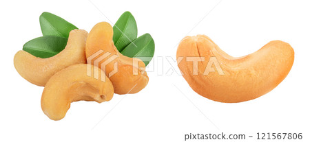 Roasted Cashew nuts with leaf isolated on white background  with full depth of field. 121567806