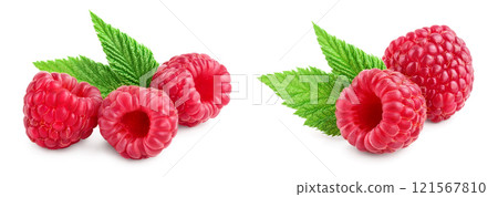 Ripe raspberries with leaf isolated on a white background 121567810
